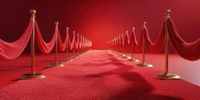 Red carpet entrance leading to a glamorous venue with polished barriers and luxurious drapery at an upscale event photo