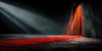 Mysterious red path leading to a dimly lit doorway in a dark and eerie space photo