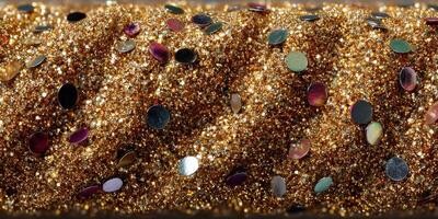 Shimmering gold and silver glitter on a textured surface captured in close-up during daylight photo