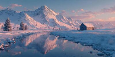 Scenic winter landscape with mountains, river, and log cabin at sunrise photo