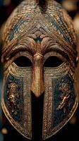 Ancient bronze helmet showcasing intricate craftsmanship and historical significance from an archaeological exhibit photo
