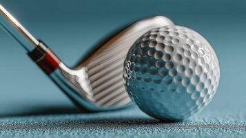 Close-up of a golf club about to strike a golf ball on a smooth blue surface, showcasing precision and focus during play photo