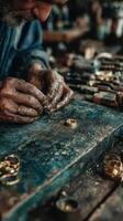 Craftsman working meticulously on gold jewelry in a rustic workshop in the afternoon light photo