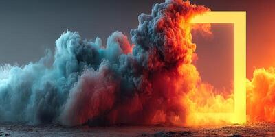Vibrant colorful smoke cloud swirling around a glowing rectangular frame at dusk photo