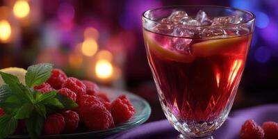 Refreshing berry drink served in a glass with fresh raspberries and mint on a vibrant table photo