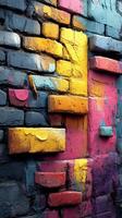 Vibrant street art adorns a brick wall in an urban setting, showcasing bold colors and unique textures photo