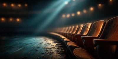Empty theater seats illuminated by soft light create a tranquil atmosphere for an evening performance photo