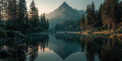 Stunning mountain reflection in tranquil lake at dawn surrounded by pine trees and mist photo