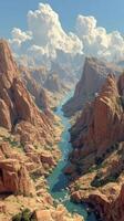 Dramatic canyon landscape with winding river and towering rock formations in bright daylight photo