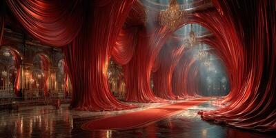 Luxurious interior with red drapery and elegant chandeliers in a grand hall during daylight photo
