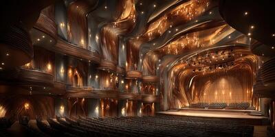 Modern concert hall features stunning wood design and intimate seating arrangement for live performances in the evening photo