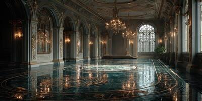 Elegant ballroom with ornate chandeliers and intricate flooring in a grand historical building during daylight photo