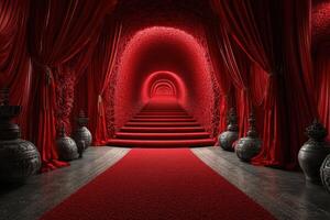 Elegant red corridor leading to a grand staircase surrounded by luxurious decorations in a dimly lit setting photo