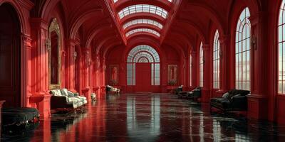 Elegant red interior with arches and large windows showcasing luxurious design and ample natural light photo