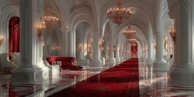 Luxurious interior of an opulent hall with grand chandeliers and rich decor highlighting elegance and grandeur photo
