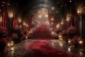Elegant staircase adorned with red roses and ambient lighting in a lavish indoor setting photo