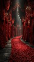 Elegant red velvet corridor adorned with chandeliers and a flower path leading to a grand event photo