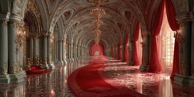Grand corridor with intricate architecture and luxurious decor in a lavish palace setting photo