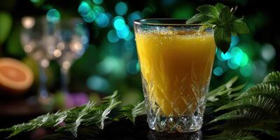 Refreshing tropical drink garnished with mint, served in a glass against a vibrant, colorful backdrop photo