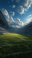 Vibrant sports stadium under blue sky with dramatic clouds and lush green field before the match begins photo