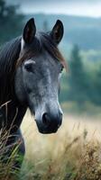 Gray horse standing in a field against a soft, blurred background of trees and hills during the early morning light photo