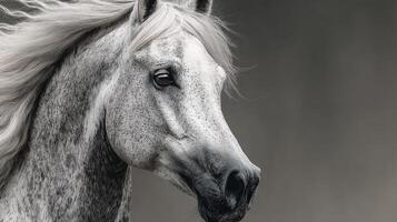 Majestic white horse stands against a soft gray background with flowing mane and expressive eyes showcasing its beauty and grace photo
