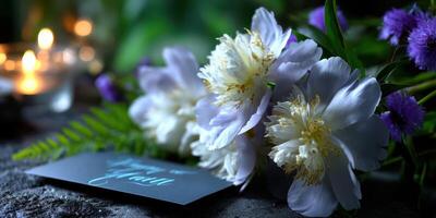 Lovely bouquet of white peonies and purple flowers with a greeting card on a table surrounded by soft candlelight photo