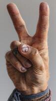 Hand making a peace sign close-up with intricate details captured indoors, showing skin texture and tattoos photo