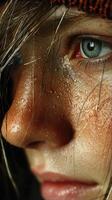Close-up of a young person with water droplets on their face, showcasing intense expression during a rainy day photo