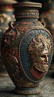 Exquisite antique vase featuring intricate designs and warrior motifs displayed in a museum setting photo
