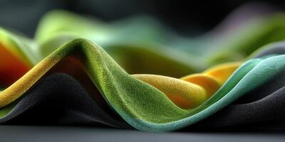 Colorful fabric waves cascade elegantly, showcasing texture and vivid hues in a soft light setting photo