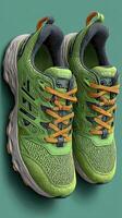 Bright green running shoes with orange laces displayed against a teal background for athletic enthusiasts photo