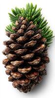 Pine cone and fresh conifer branches arranged on a white background during spring season photo
