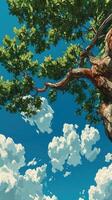 Bright blue sky with fluffy clouds and a leafy tree reaching upward captures a serene moment in nature photo