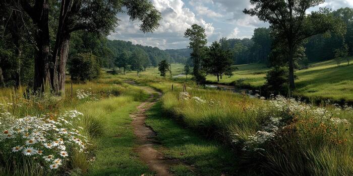 Lush green meadow with wildflowers and a winding path beside a gentle stream under a cloudy sky photo