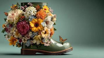 Creative flower arrangement in a green rubber boot for a vibrant spring display in a modern home setting photo