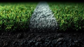 Close-up view of a freshly painted white line on a green grass soccer field during afternoon light photo