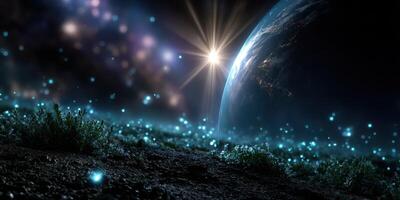 Cosmic landscape with glowing elements and a distant view of Earth at dawn in deep space photo