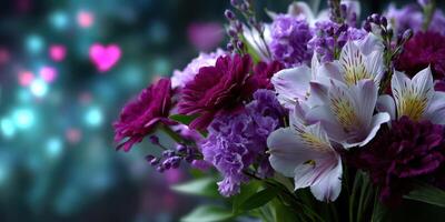 Beautiful bouquet of purple and white flowers arranged with care for a special occasion at night photo