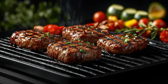 Grilling juicy steaks with fresh vegetables under warm kitchen lighting in a rustic setting photo