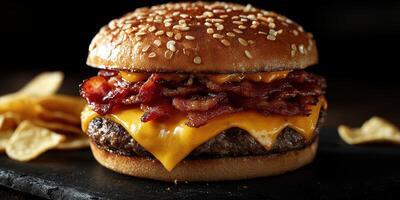 Delicious burger with cheddar cheese and crispy bacon served with potato chips in a dark setting photo