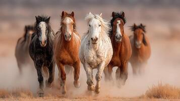 Horses running swiftly through dusty terrain at sunset, creating a captivating display of power and grace photo