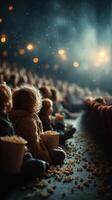 Children enjoy a movie night in a cozy theater while snacking on popcorn amidst soft light and scattered popcorn on the floor photo