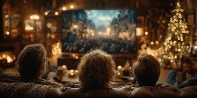 Cozy family gathering during the holiday season with a movie night in a warmly decorated living room photo