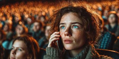 Audience watches a captivating performance while a girl listens intently on her phone during a live event at an evening theater photo