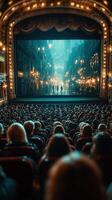 Audiences captivated by dramatic performance within an ornate theater during a rainy evening photo