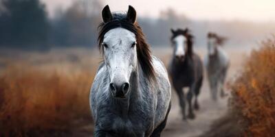 Galloping horses run through a misty landscape at dawn in the countryside photo