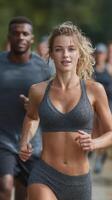 Runners engage in an outdoor workout during a sunny day in a park, showcasing fitness and determination in a lively atmosphere photo
