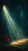 Soft light illuminates a lonely red chair in a dark room with textured walls at dusk photo