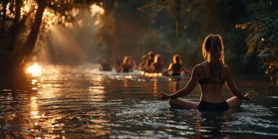 Relaxing meditation by the riverside during sunset with serene water reflections and surrounding nature photo